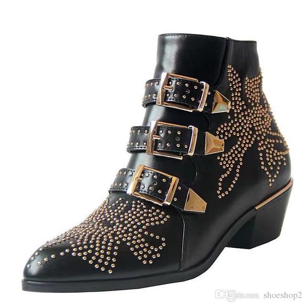 

2020 luxury susanna studded buckle ankle boots for women martin winter boot genuine leather suede designer boots chunky heel combat boots, Black