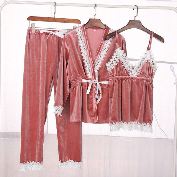 

autumn winter warm 3 pieces pajamas set women pajamas sleepwear for women sleeveless strap nightwear long pant robe, Black;red