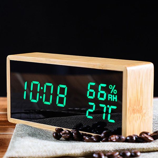 

fashion wooden temperature humidity monitor sound control snooze led digital alarm clock