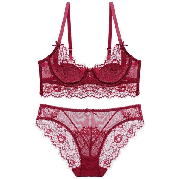 

2 pcs set women lady cute lace underwear satin embroidery bra sets with panties 2020, Red;black