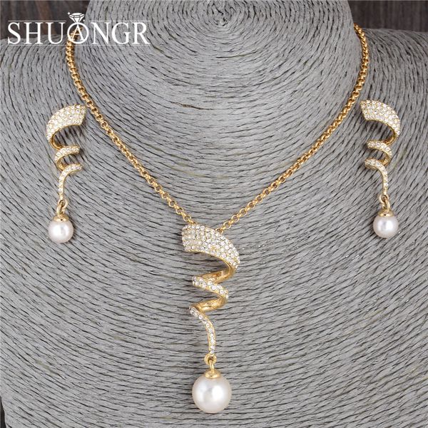 

shuangr vintage imitation pearl necklace gold jewelry set for women clear crystal elegant party gift fashion costume jewelry set, Silver