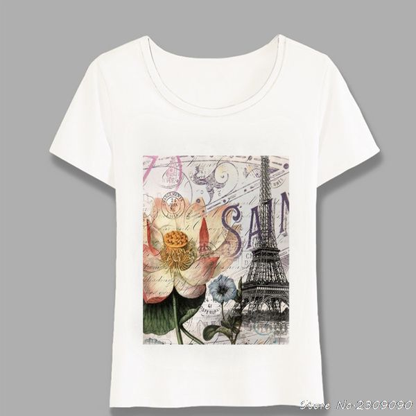 

современный винтаж парижский цветок париж эйфелева башня футболка летняя мода женщины футболка повседневная топы женские тройники harajuku, White