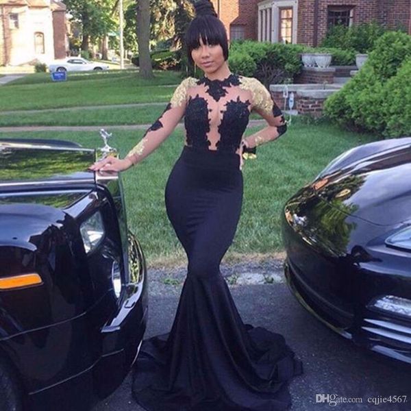 

2020 new african black and gold mermaid prom dresses long high neck satin see through open back long sleeve prom evening gowns