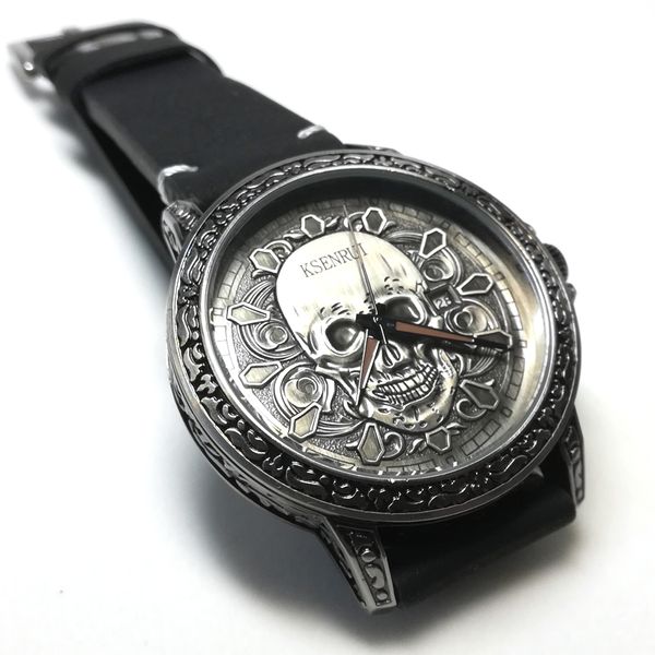 

fashion 3d skull men watches retro leather casual quartz wrist watches men male date clocks relogio masculino, Slivery;brown