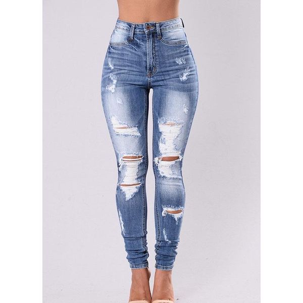 

women new high waist pencil jeans fashion slim ripped jeans skinny long solid color bodycon, Blue