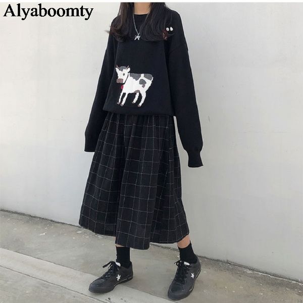 

японский harajuku осень зима женщины midi юбка высокая талия черный кофе плед saias longue элегантный старинные каваи юбки женские, Black