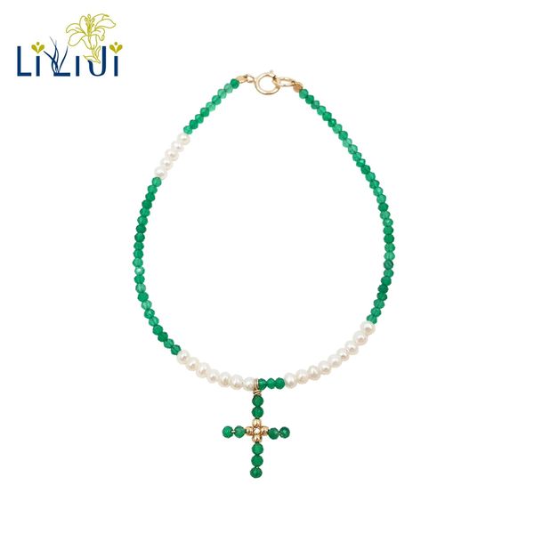 

lily jewelry green onyx,freshwater pearl,cross pendant 925 sterling silver gold color elegant bracelet dropshipping, Black