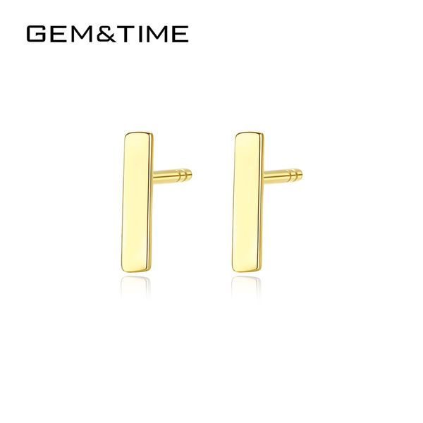 

gem&time real solid 14k gold dainty mini bar stud earrings for women wedding engagement fine jewlery bar au585 pendientes e14091, Golden;silver