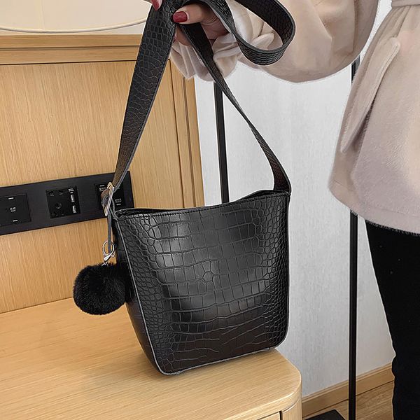 

fashion stone pattern pu leather bucket bags for women small crossbody shoulder messenger bag hairball handbags