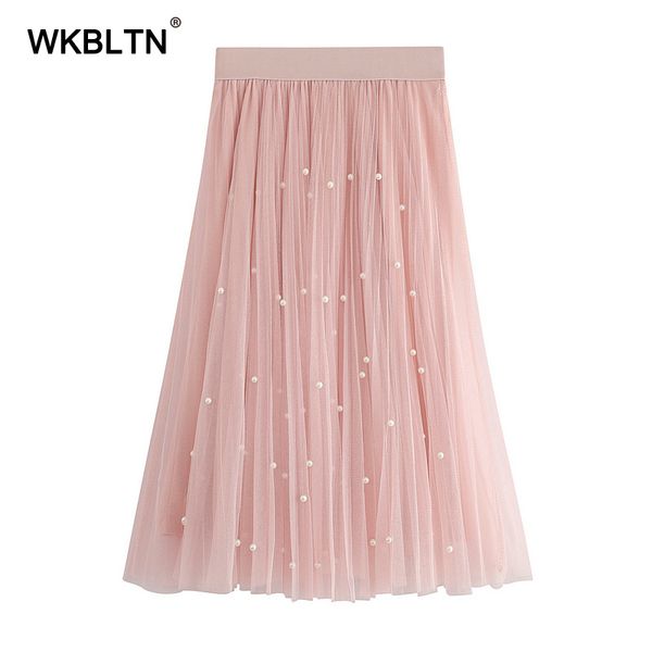 

high waist imitation pearl half length elastic skirt mesh pleated women skirt 2020 spring summer vintage midi skirt, Black