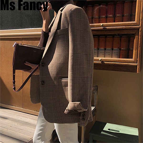 

autumn coats female vintage plaid jacket korean style long sleeve suit coat streetwear, White;black