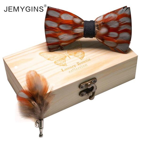 

jemygins original brand handmade production mens bow tie red yellow feather bow gift box set wedding party performance gift, Black;gray