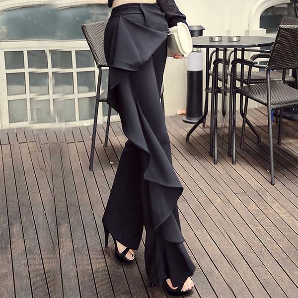 

personalized ruffled black pants women's trousers was thin high waist bag hip wide leg flared pants harajuku pantalon femme 2020, Black;white