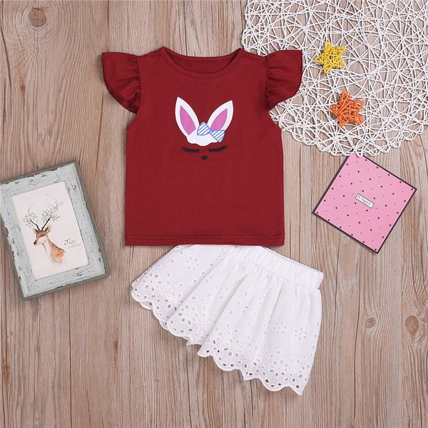 

summer girl kids clothes set flying-sleeve cartoon t-shirt +lace edge hollow out skirt 2 pieces sets kids designer clothes girls jy562, White