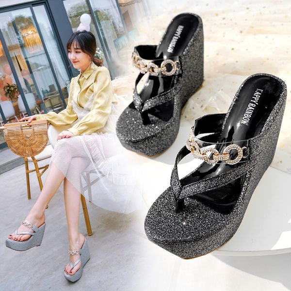 

flock metal decoration open toe women platform wedges flip flops high outside women shoes crystal bling summer slippers pu, Black