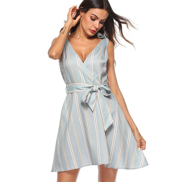 

sweet a-line bow dress women v-neck knee-length striped summer dresses spaghetti strap sleeveless vestidos, Black;gray