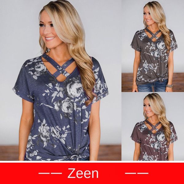 

womens designer t shirt printed v-neck short sleeve t-shirt loose tie clothing, White