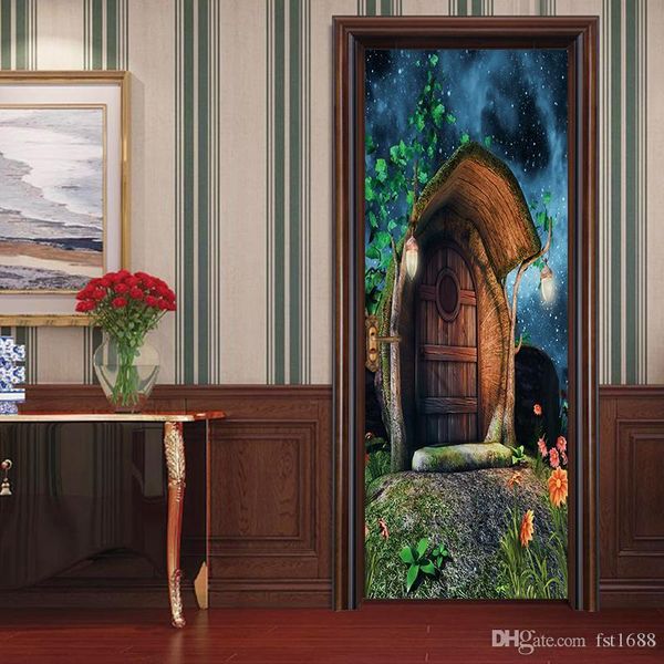 

77*200cm 2pcs set 3d art forest huts scenery diy door decal bedroom living room corridor door decorative pvc waterproof wall sticker mural