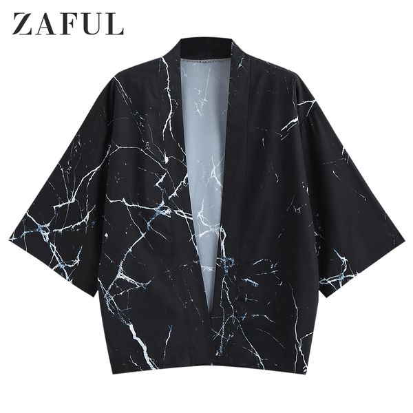 

zaful kimono men cardigan three quarter sleeve collarless marble grain print loose large size beach casual shirt 2019, White;black