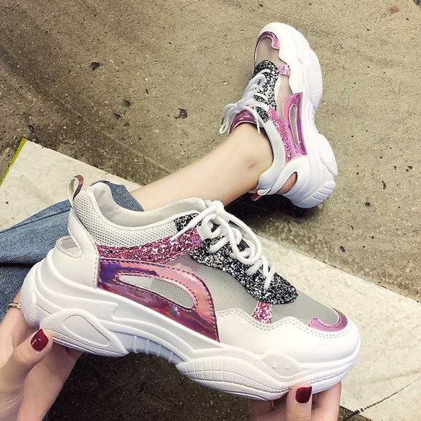 

2020 new women's flat shoes mesh breathable round toe sneakers solid shallow sequins spring / autumn casual zapatos de mujer, Black