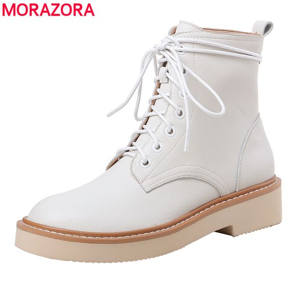 

morazora 2020 new fashion comfortable women boots low heel round toe lace up black beige pink ankle boots