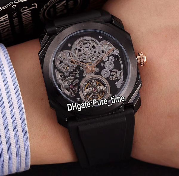 New Octo Finissimo Tourbillon PVD Schwarz-Stahl-Gehäuse 102719 BGO40PLTBXTSK Schwarz Skeleton Automatic Herrenuhr Lederband Uhren 3 Farbe