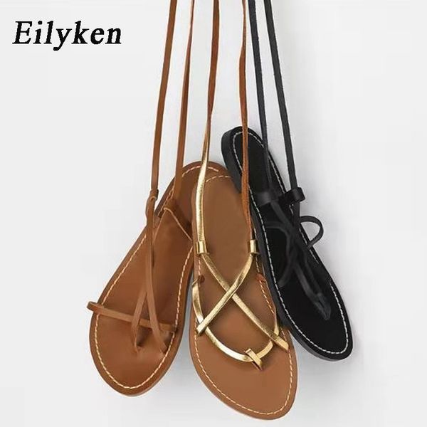 

многократное eilyken 2020 роман летний кросс-ремень высотой по колено бандаж thong нубука женщин сандалии плоские вьетнамки, Black
