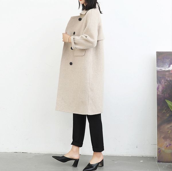

women wool coat 2019 spring women medium length alpaca wool outerwear loose woolen outwear new, Black