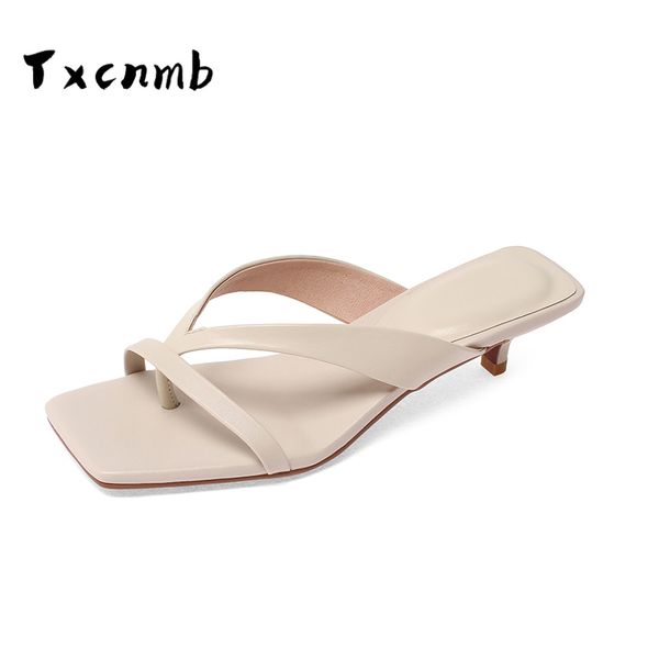 

txcnmb elegant genuine leather female slippers 2020 new arrival concise med heels sandals women basic party shoes woman heels, Black
