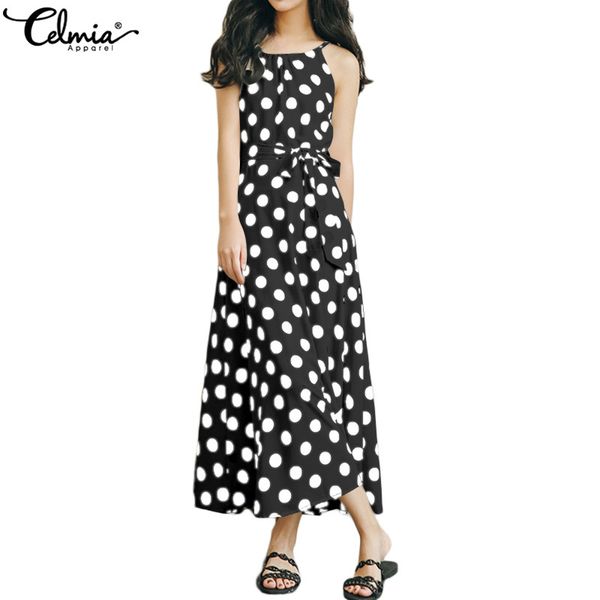 

casual dresses 2021 summer sundress celmia women causal polka dot sleeveless spaghetti straps beach dress pleated belted bohemian long vesti, Black;gray