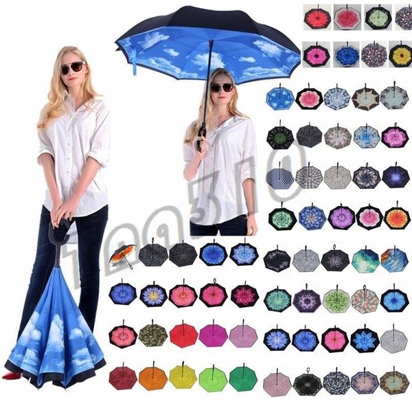 

new folding reverse umbrella 85 styles double layer inverted long handle windproof rain car umbrellas c handle umbrellas t2i384