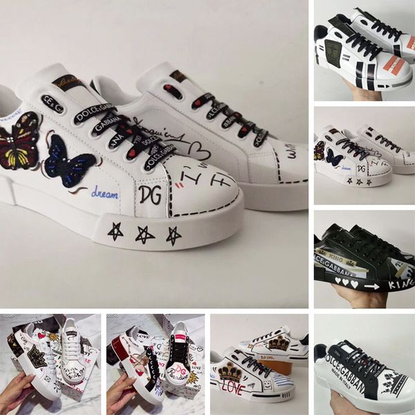 

high grade 2019 fashionable autumn new leather white shoes women's printing casual tide shoes men's fashion wild men's shoes, Black