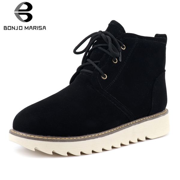 

bonjomarisa winter warm fur platform snow boots women 2019 lace-up non-slip booties casual low heel wedges shoes woman 34-43, Black