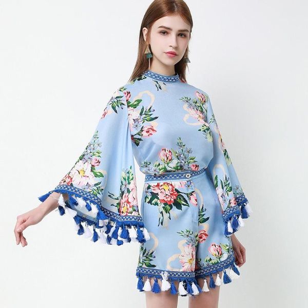 

red roosarosee runway women summer 2020 twinset vintage stand collar flare sleeve blouse tassel shorts fashion floral print suit, White