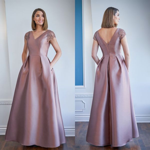 

jasmine mother of the bride dresses 2021 v neck capped sleeve lace beading satin evening gowns floor length a line wedding guest dress, Black;red