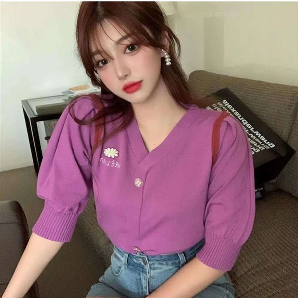 

purple little daisy middle sleeve knitted female cardigan summer temperament slim short coat shirt coat shirt fashion, White