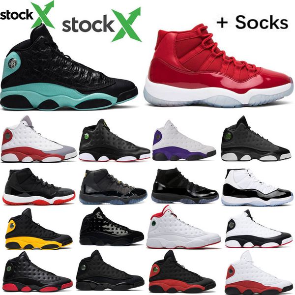 

island green 13 13s lakers bred chicago men women basketball shoes cap and gown 11 11s concord metallic silver mens sport sneakers with box, Black