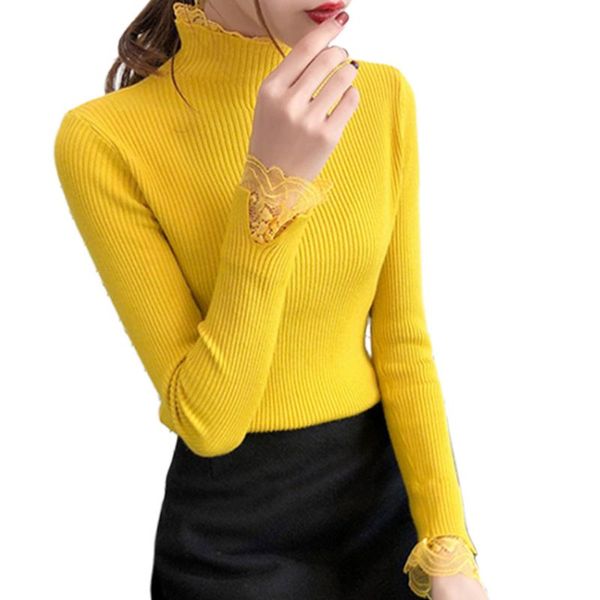 

women long sleeve turtleneck sweater floral lace patchwork knit solid jumper y1ac, White;black