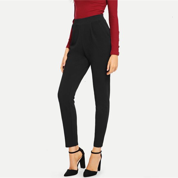

high waist leggings women pants black pocket side polyester skinny pants workwear plain women autumn casual high waist elegant pants, Black;white