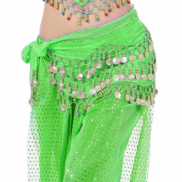 

1pc dancing accessories women cute belly dance hip skirt chiffon wrap scarf belt with gold coins in 3 rows 13 colors, Black;red