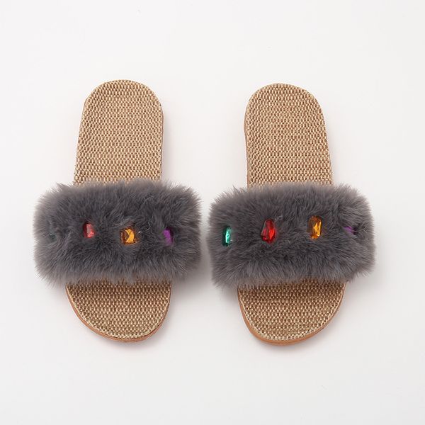 

rass ple 2019 linen slippers fur slippers slides anti-skid wear-resistant diamond chaussures femme shoes women, Black