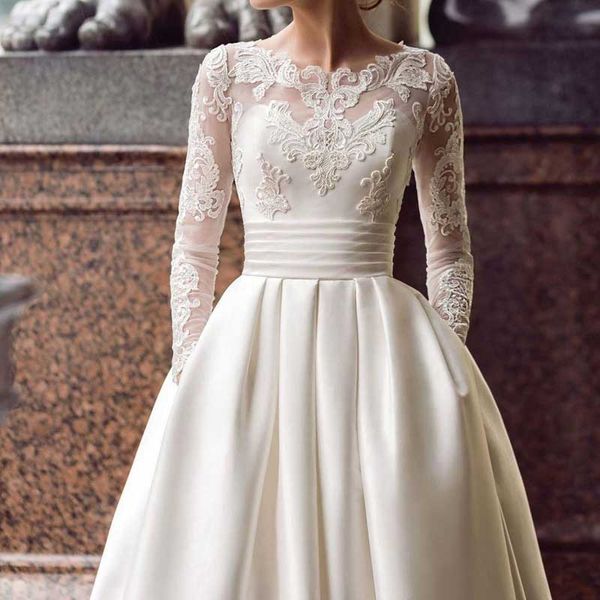 

a line свадебные платья с карманами кружева аппликации суд поезд vestidos де novia с длинным рукавом свадебные платья лиф атласные свадебные, White