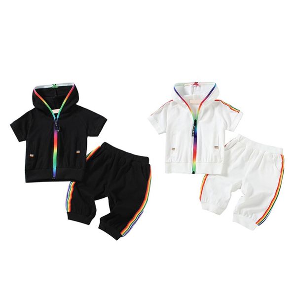 

summer baby boys girls sportswear kids short sleeve colorful zipper hooded clothing outfit set 1-5y, White