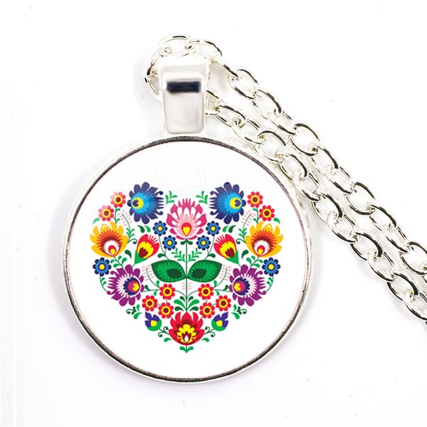 

ethnic polish folk art pattern glass cabochon necklace bohemia fashion flower print round jewelry pendant for women men gift, Silver