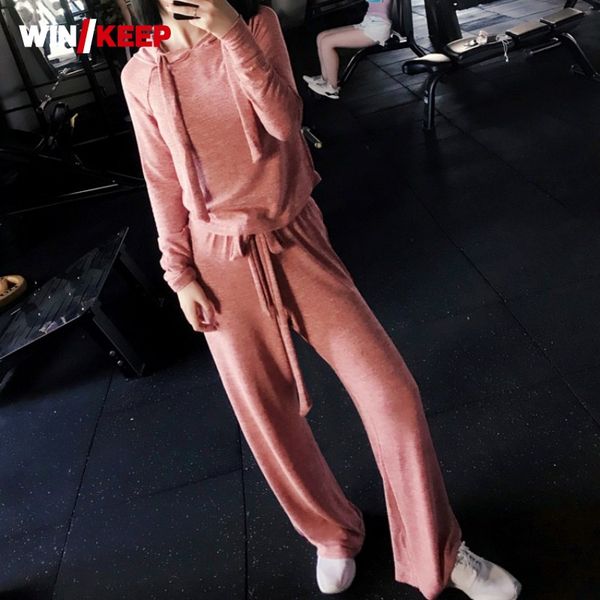 

spring autumn women outdoor running set long sleeve hoodie sweatshirt wide leg sports pants jogging fitness tracksuit yoga set, Black;blue