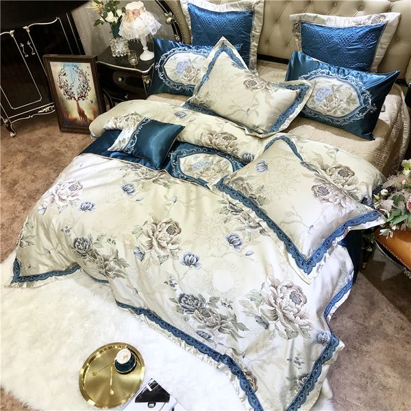 

white luxury satin silk cotton european palace flowers bedding set duvet cover bed sheet/linen bedspread pillowcases 4/6/10pcs