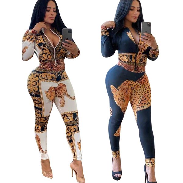 

free ship 2019 женщины моды leopard печати sweatsuit повседневный тонкий zip neck куртка и брюки set 2pcs наряды, White