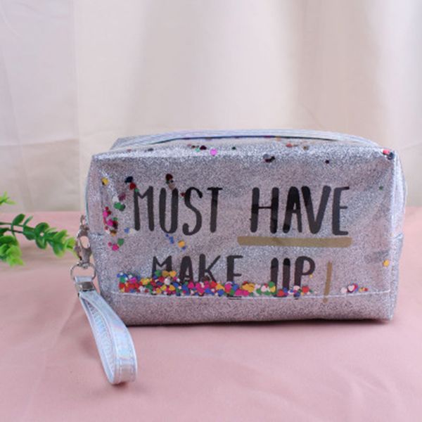 

newly cosmetic bags colorful sequins letter print waterproof pvc makeup bag toiletry organizer pouch