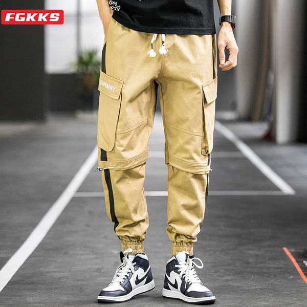 

fgkks fashion brand men casual pants spring new men's trend wild cotton trousers patchwork multi-pocket cargo pants male, Black