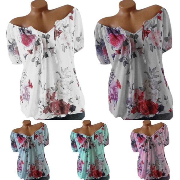 

Women Floral V Neck Lace Up Short Sleeve Summer Blouse Casual T-Shirt Baggy Tops